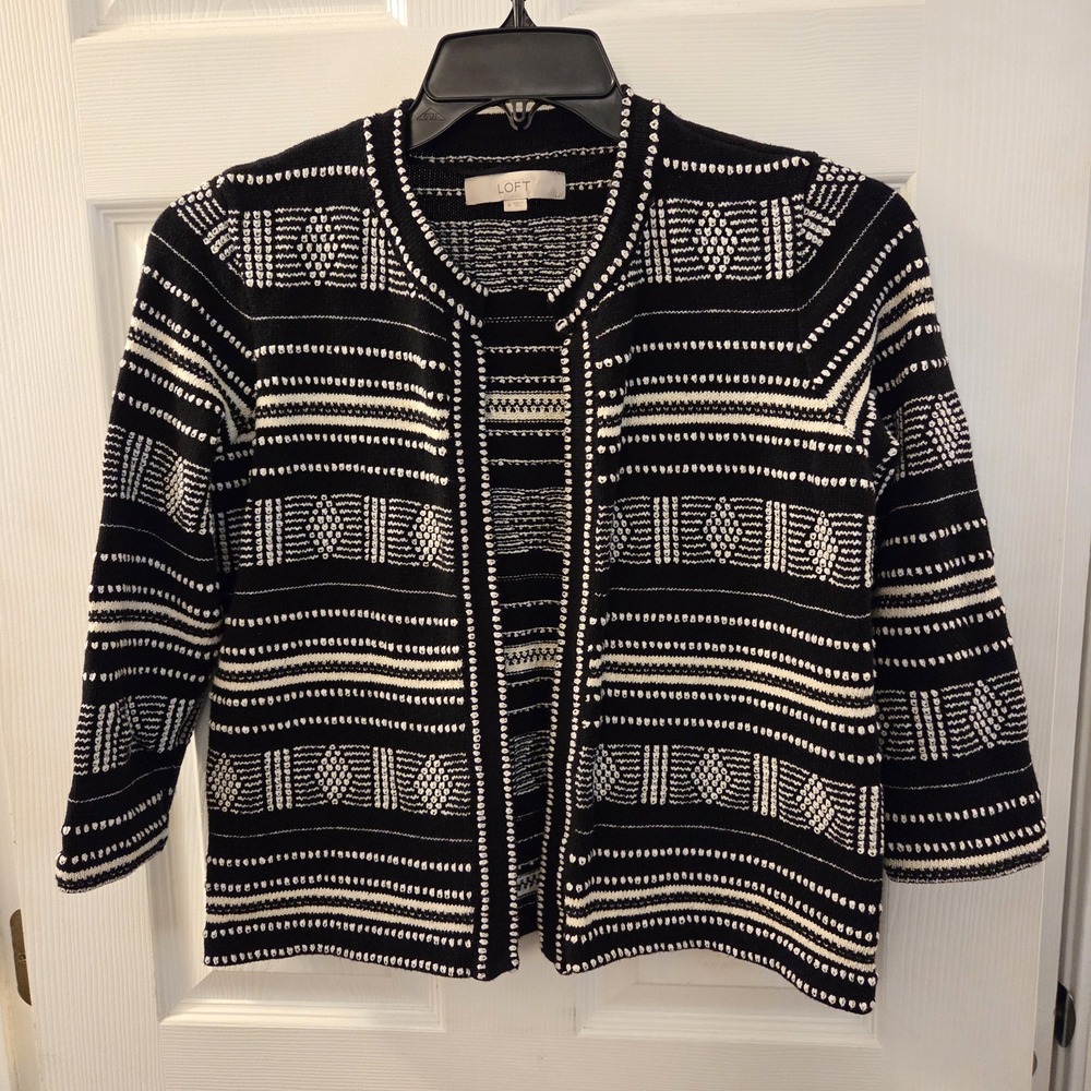 Loft sz M blk/wh/iv open front cardigan sweater 100% cotton‎ casual career artsy